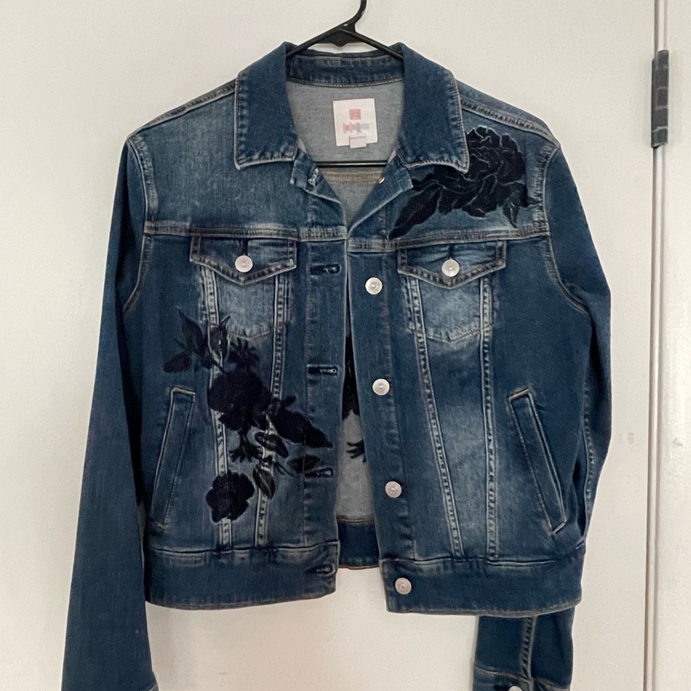 LuLaRoe Blue and Black Jean Jacket with Distressed Details